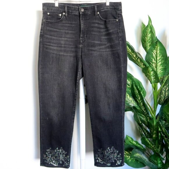 Ralph Lauren Black High Rise Jeans With Glitter Hem Size 14 - Picture 1 of 6
